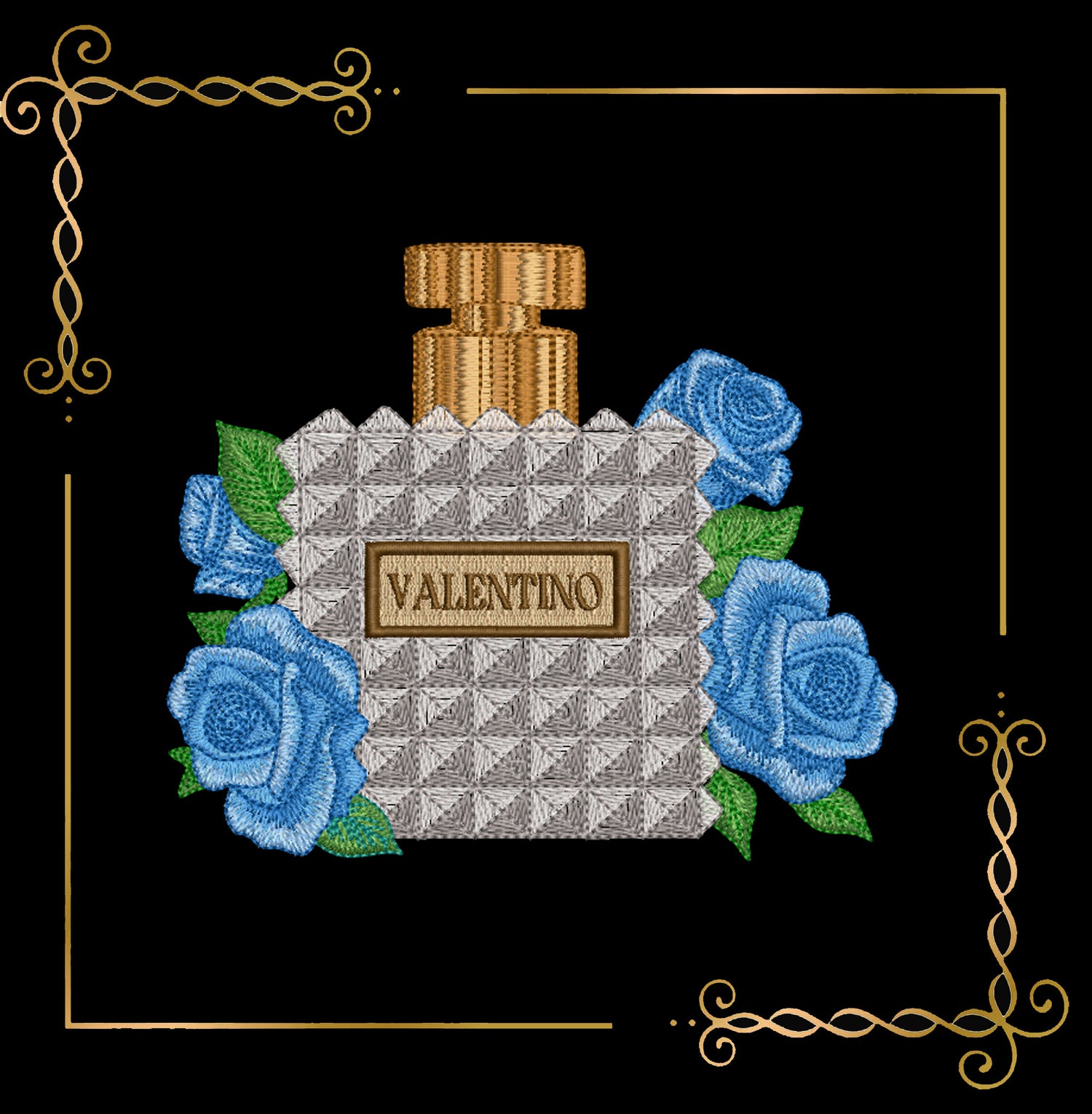 Mother's day, MOM, Parisian Perfume Valentino bottle with roses – Embroidery Design 2 Sizes to the direct download.