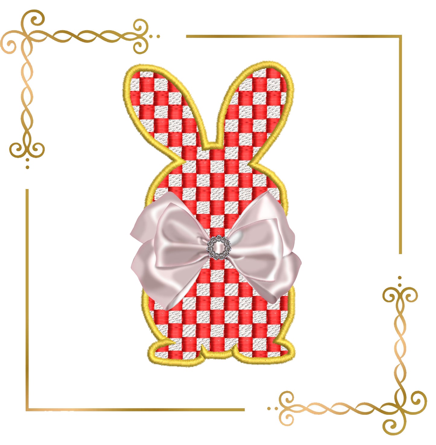 Easter Checkerboard Bunny Appliqué – Elegant Easter Embroidery Design (Bow Not Included)