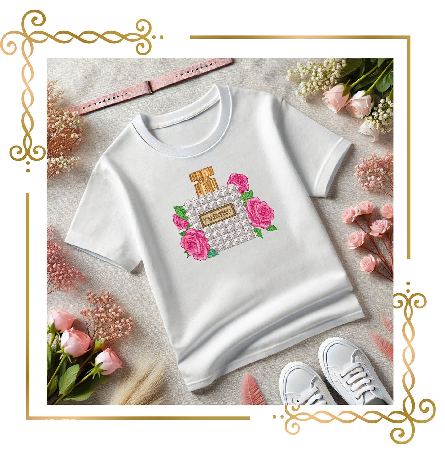 Mother's day, MOM, Parisian Perfume Valentino bottle with roses – Embroidery Design 2 Sizes to the direct download.