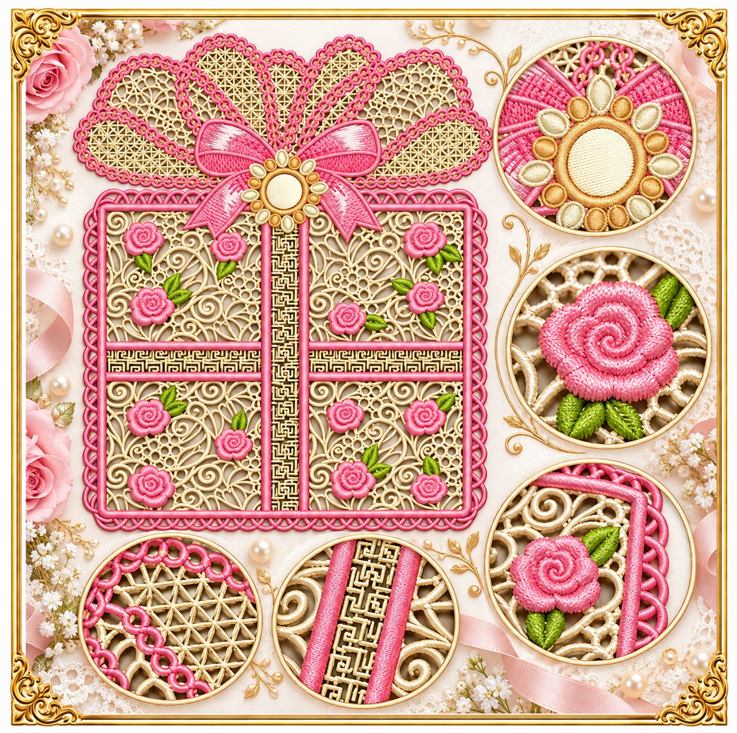 Vintage Lace Box Embroidery Design, Roses, Satin Bow, embroidered Pearl Brooch (Instant Download)
Vintage lace-trimmed box machine embroidery design with blooming roses, a flowing satin bow and a delicate embroidered pearl brooch, digitized in a romantic elegant style.