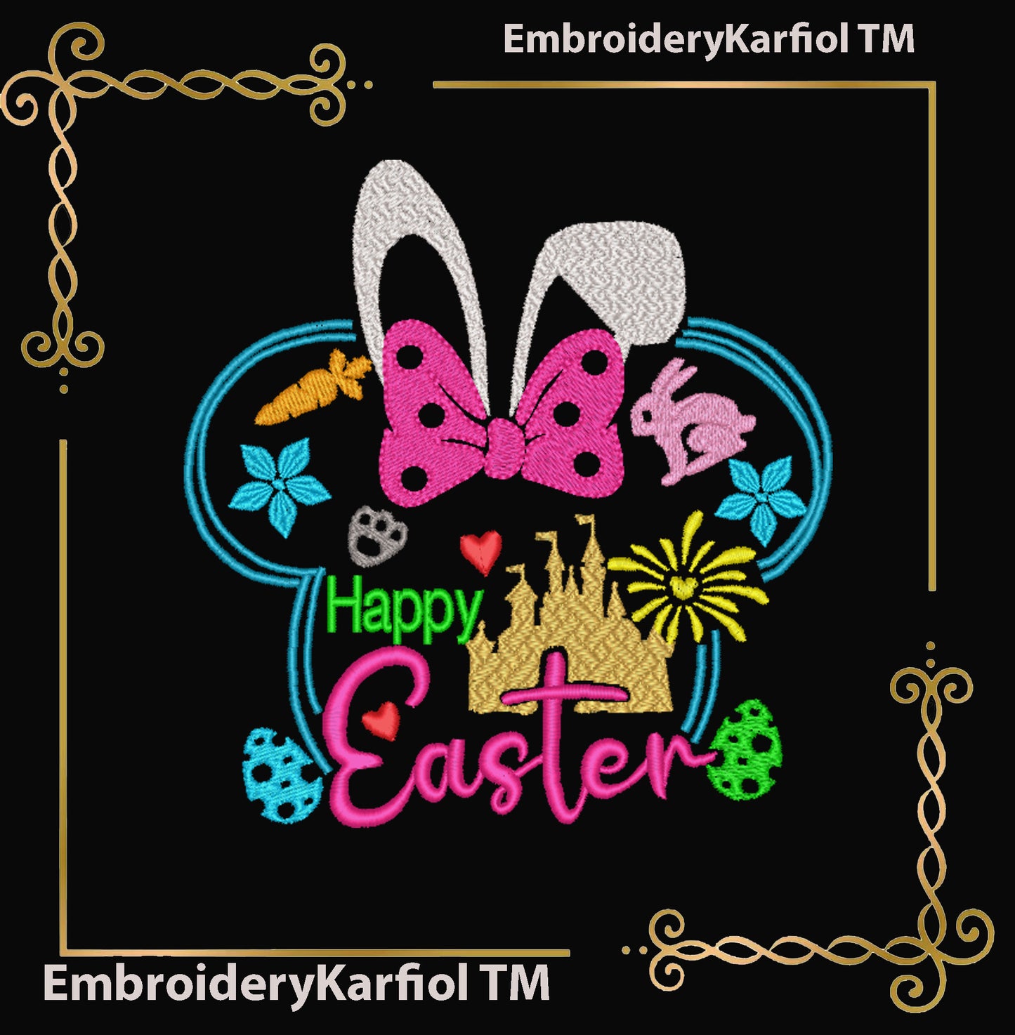 Minnie Mouse Head, Happy Easter Bunny, Castle, Machine Embroidery Design