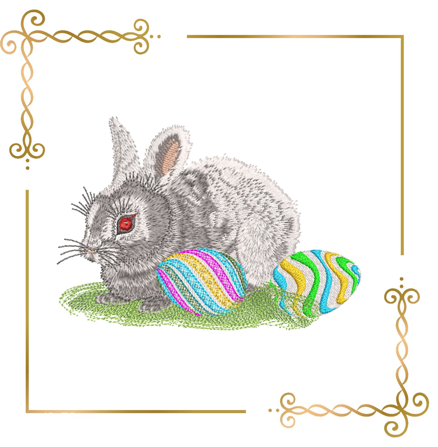 Realistic Easter Bunny with Colorful Eggs, rabbit digital Machine Embroidery designs