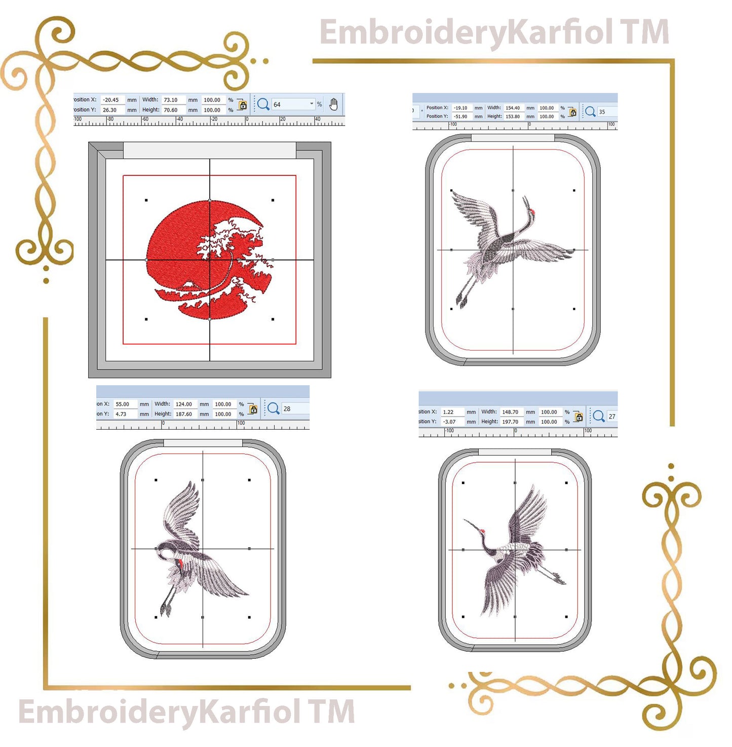 Embroidery Design Machine Embroidery Japanese Crane Set Red Sun Bundle Oriental Bird Motif