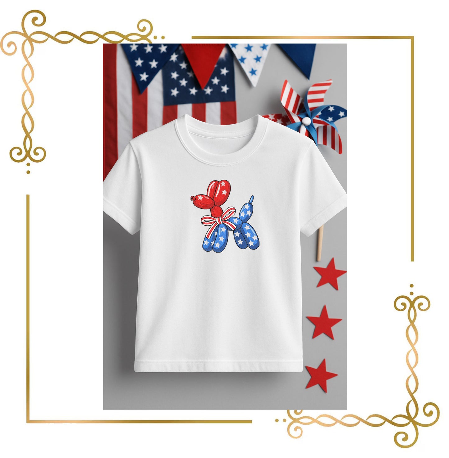 USA Balloon Dog with Stars – Embroidery Design, 4th of July Style | American Flag | Patriotic Machine Embroidery | Independence Day Design