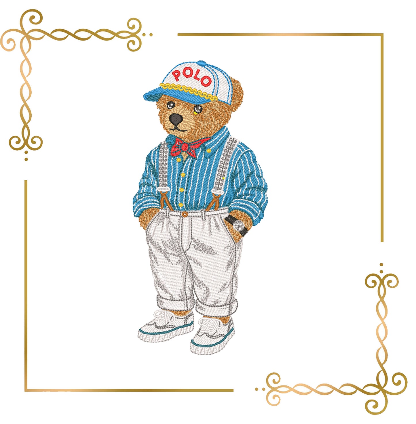 Teddy Bear Vintage Nautical Bear Embroidery Design Polo Style – Retro Teddy in Suspenders & Cap 3 Sizes