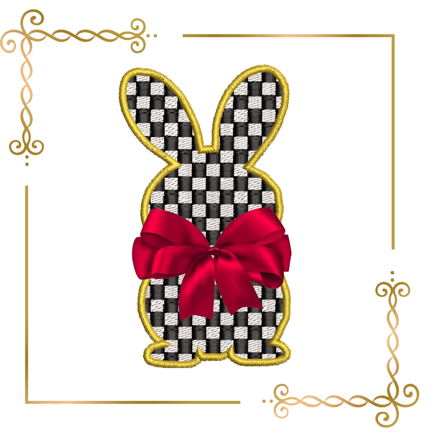 Easter Checkerboard Bunny Appliqué – Elegant Easter Embroidery Design (Bow Not Included)