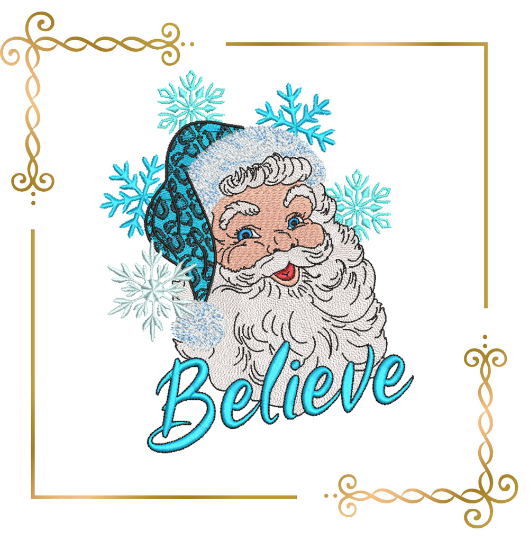 Winter super trendy Santa Claus Believe Christmas lettering Believe embroidery design