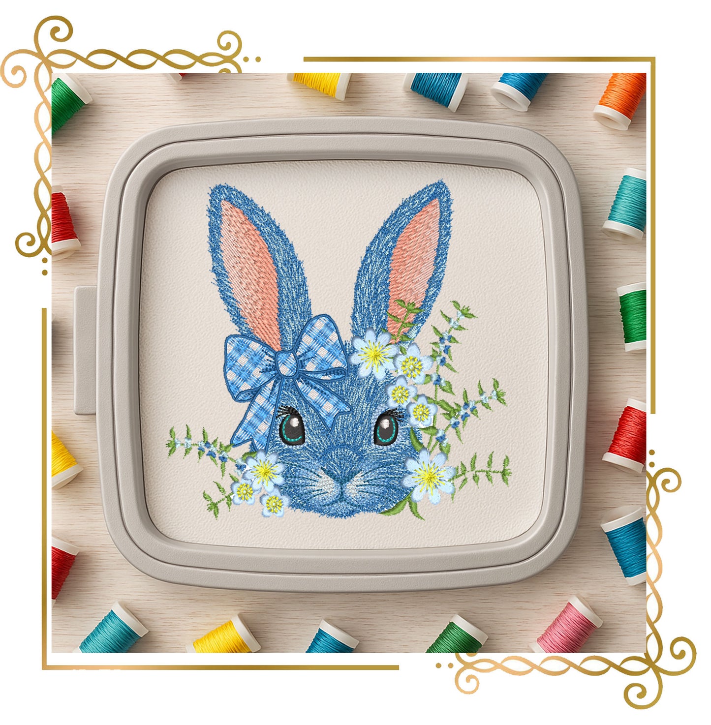 Blue Easter Bunny with Flowers and Bow – Spring Embroidery Design for big Hoops, digital Machine Embroidery designs