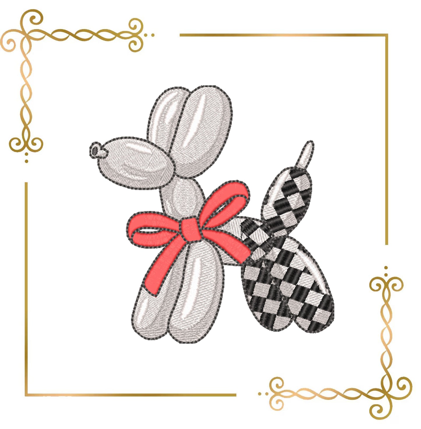 Balloon Dog with Checker Pattern and Bow Machine Embroidery Design