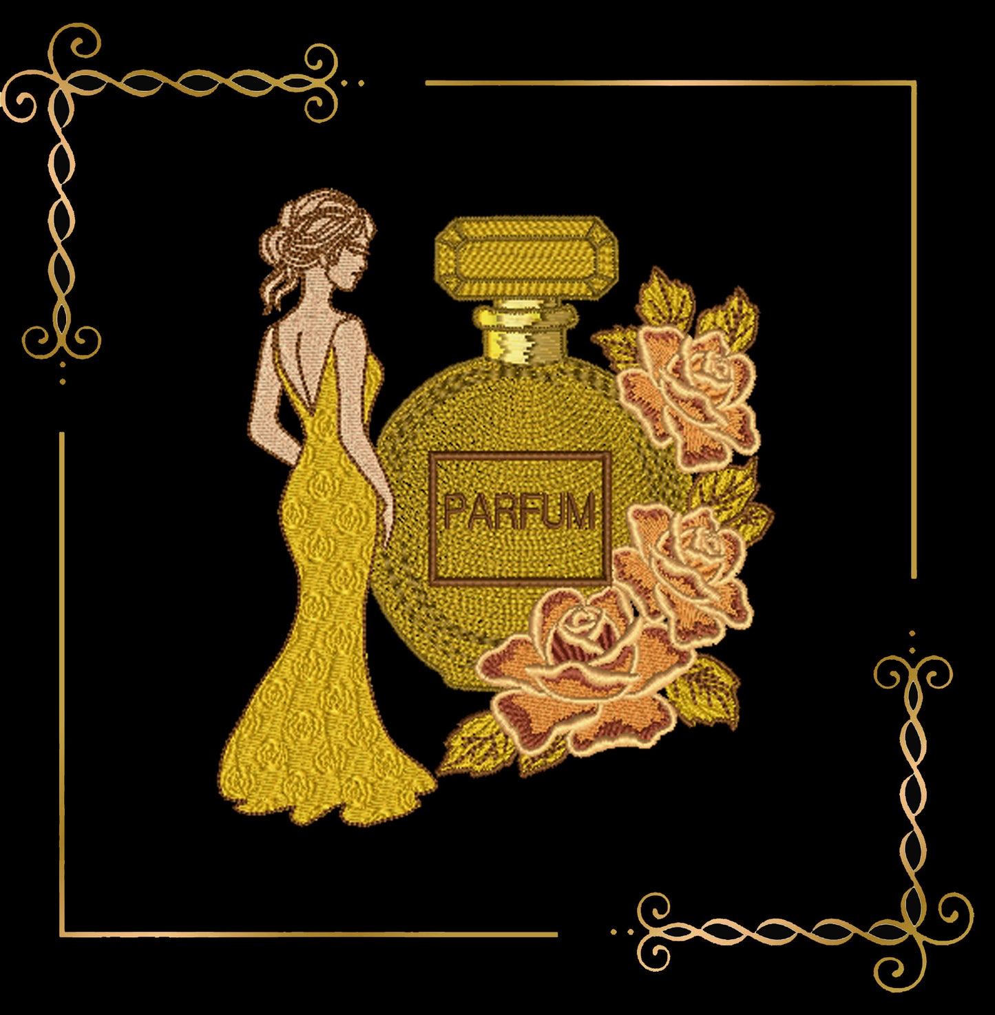 Mother's day, MOM, Parisian Perfume bottle with roses - Golden Elegance Perfume – Embroidery Design