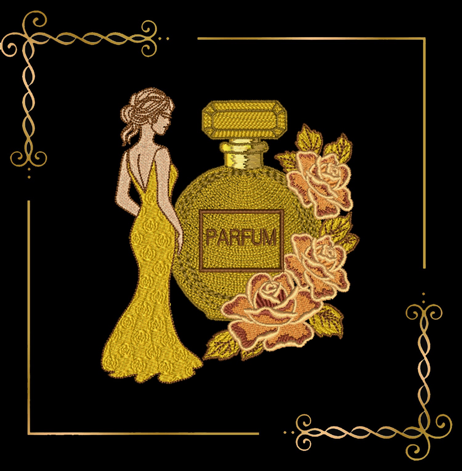 Mother's day, MOM, Parisian Perfume bottle with roses - Golden Elegance Perfume – Embroidery Design
