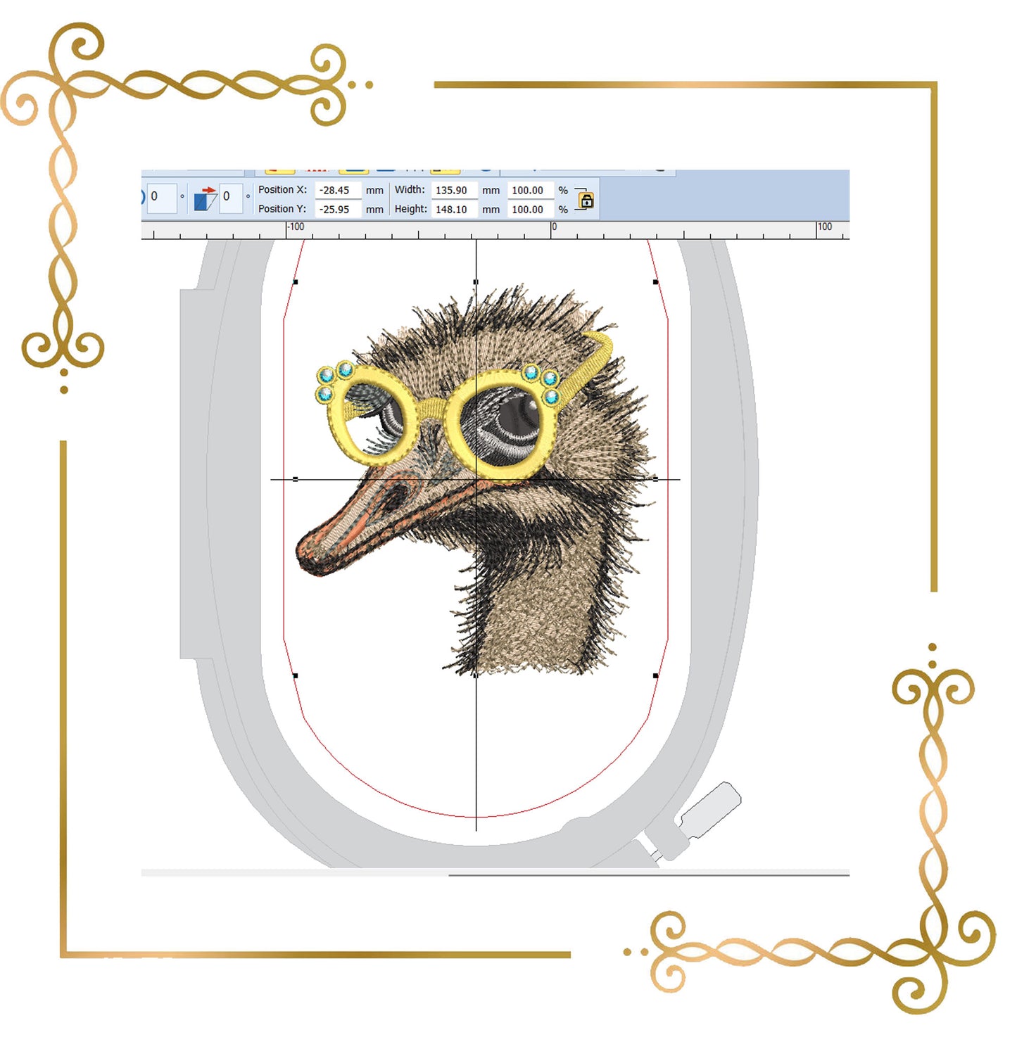 Animals Fashionable ostrich with glasses embroidery design to the direct download