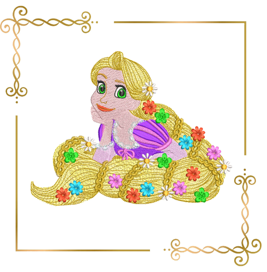 Princess Rapunzel Disney carton character  pretty dress with the braid and the flowers machine  embroidery design
