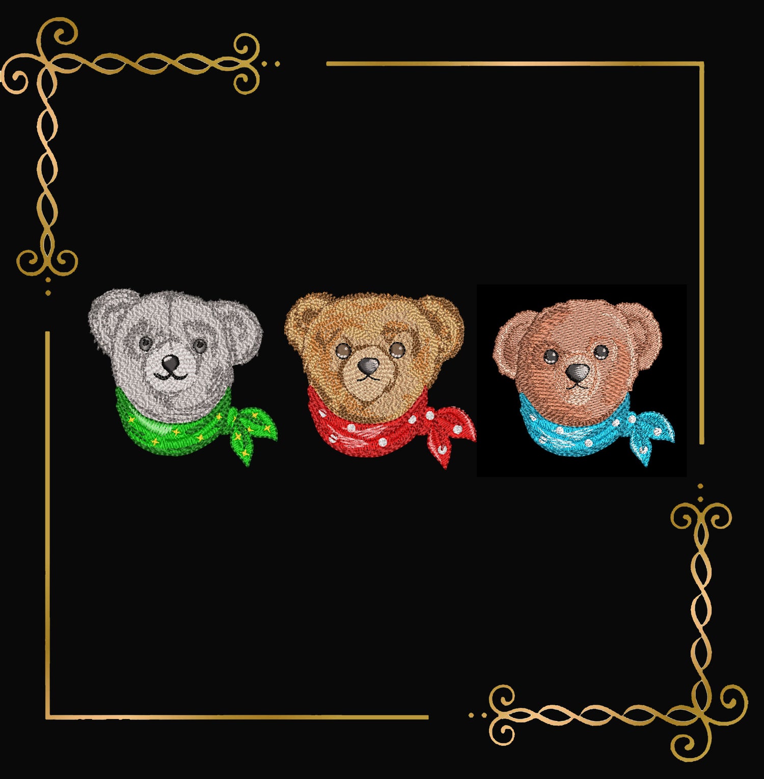 Teddy Bear Classic Style luxury heritage style 3 Elegant Embroidery Designs with Bandanas Vintage to Modern Evolution 3 Bears 2 Sizes