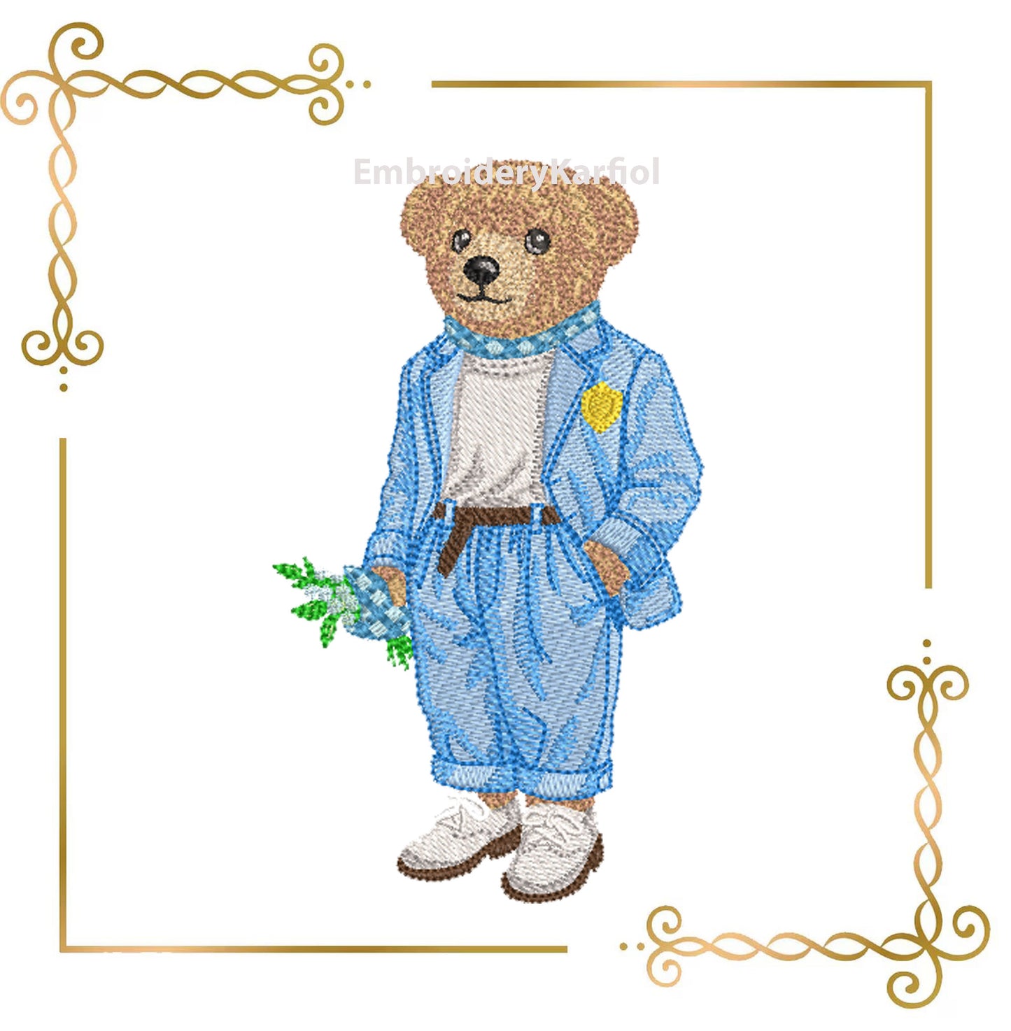 Teddy Bear Charming machine embroidery design in a suit holding a bunch of flowers 3 Sizes
