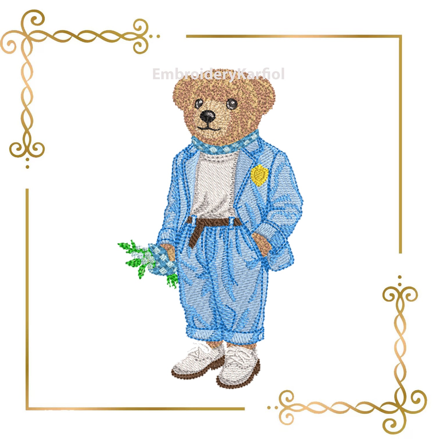 Teddy Bear Charming machine embroidery design in a suit holding a bunch of flowers 3 Sizes