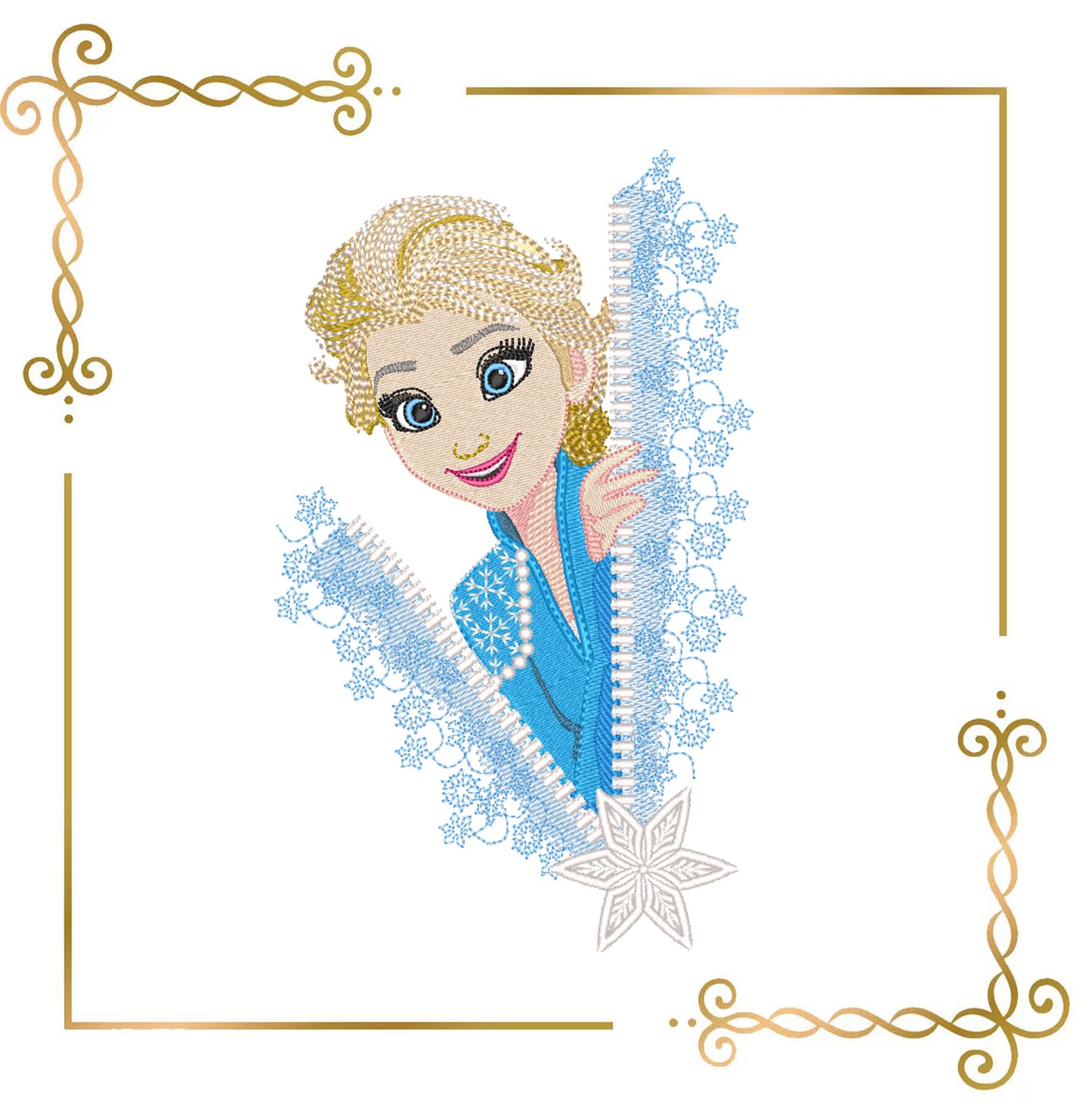 Embroidery Design Ice Queen Elsa Zipper Peek  –  Winter,  Snow Princess and Snowflakes  Frozen