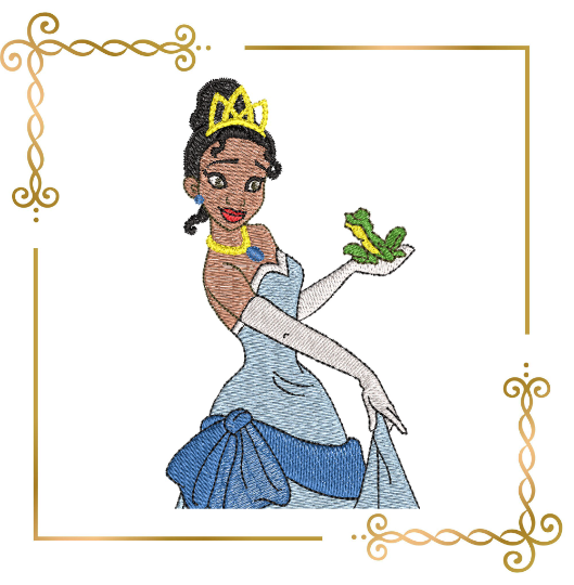 Princess Tiana with the frog Disney character Embroidery machine design to the direct download