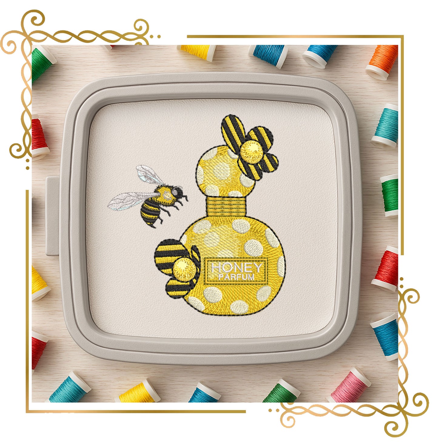 Mother's day, MOM, Perfume bottle Honey Bee – Cute Bee and Yellow Bottle, Embroidery Design