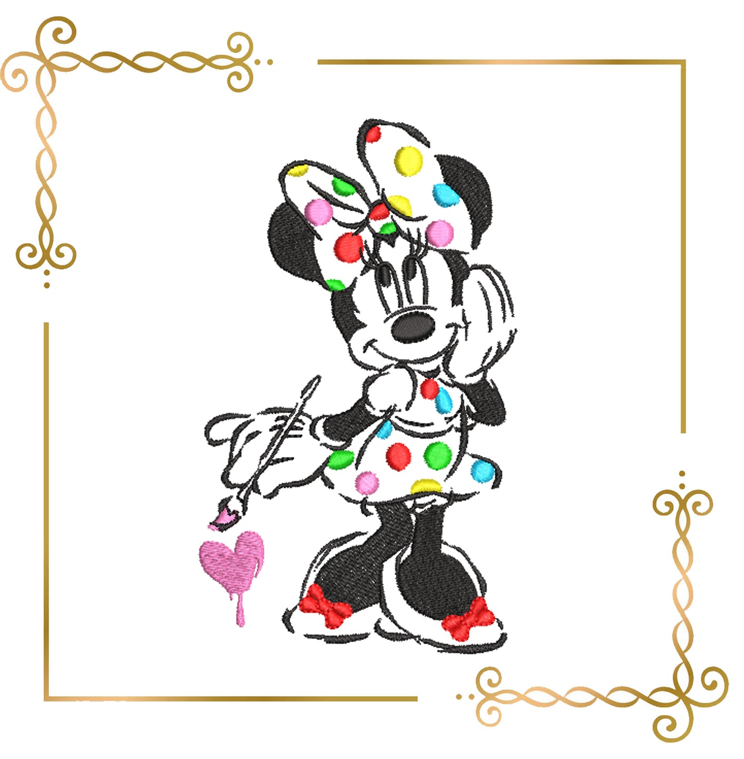 Minnie Mouse  Painting Her Dress, Cartoon Mouse Artist Machine Embroidery File 3 Sizes