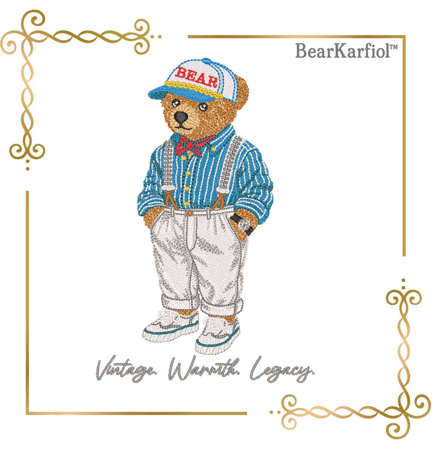 Teddy Bear Vintage Nautical Bear Embroidery Design Polo Style – Retro Teddy in Suspenders & Cap 3 Sizes