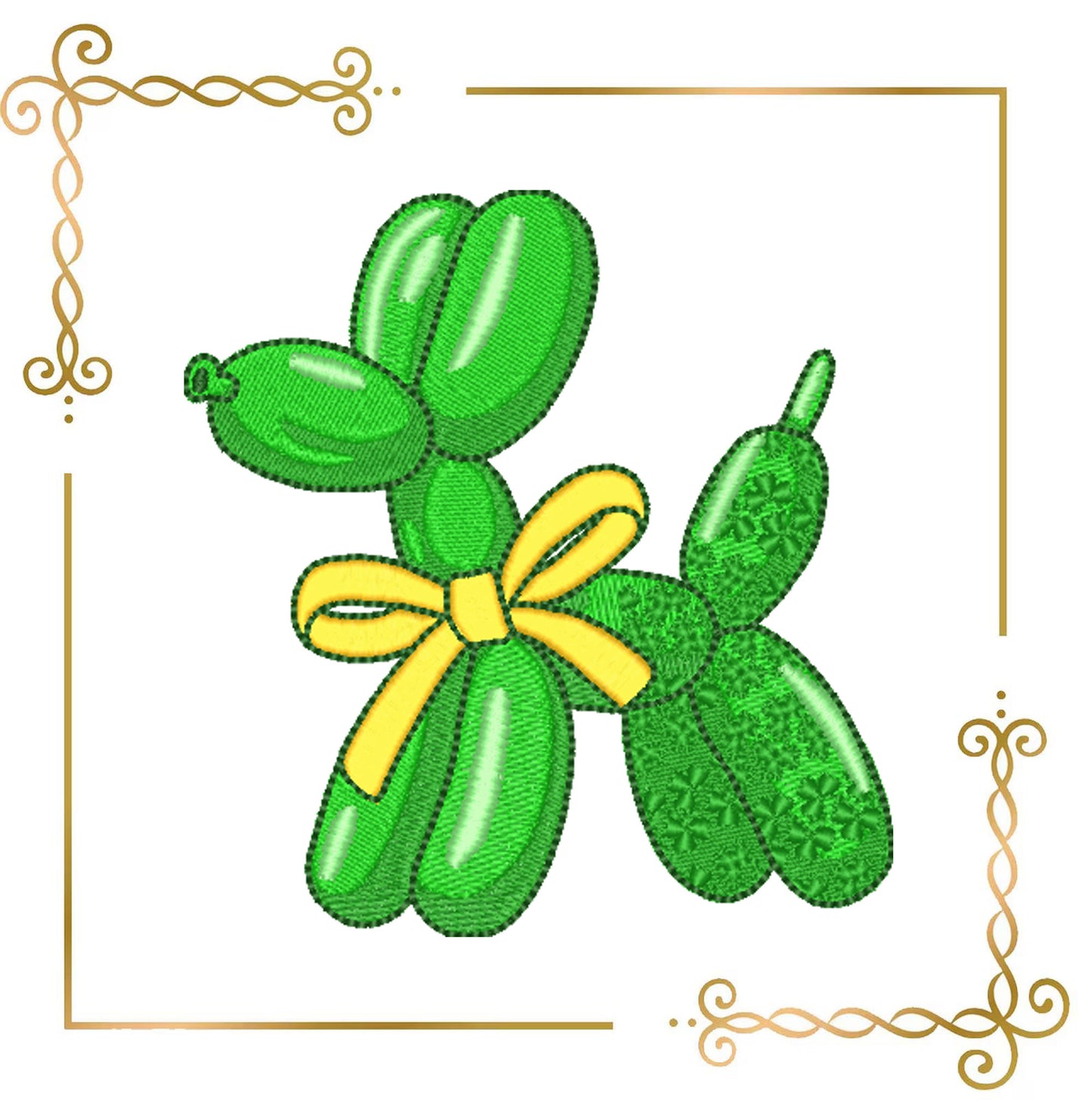 Green Balloon Dog with Yellow Bow, Lucky Charm–Embroidery Design – Lucky Charm Style, Perfect for St. Patrick’s Day