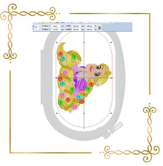 Princess Rapunzel Disney carton character  pretty dress with the braid and the flowers machine  embroidery design