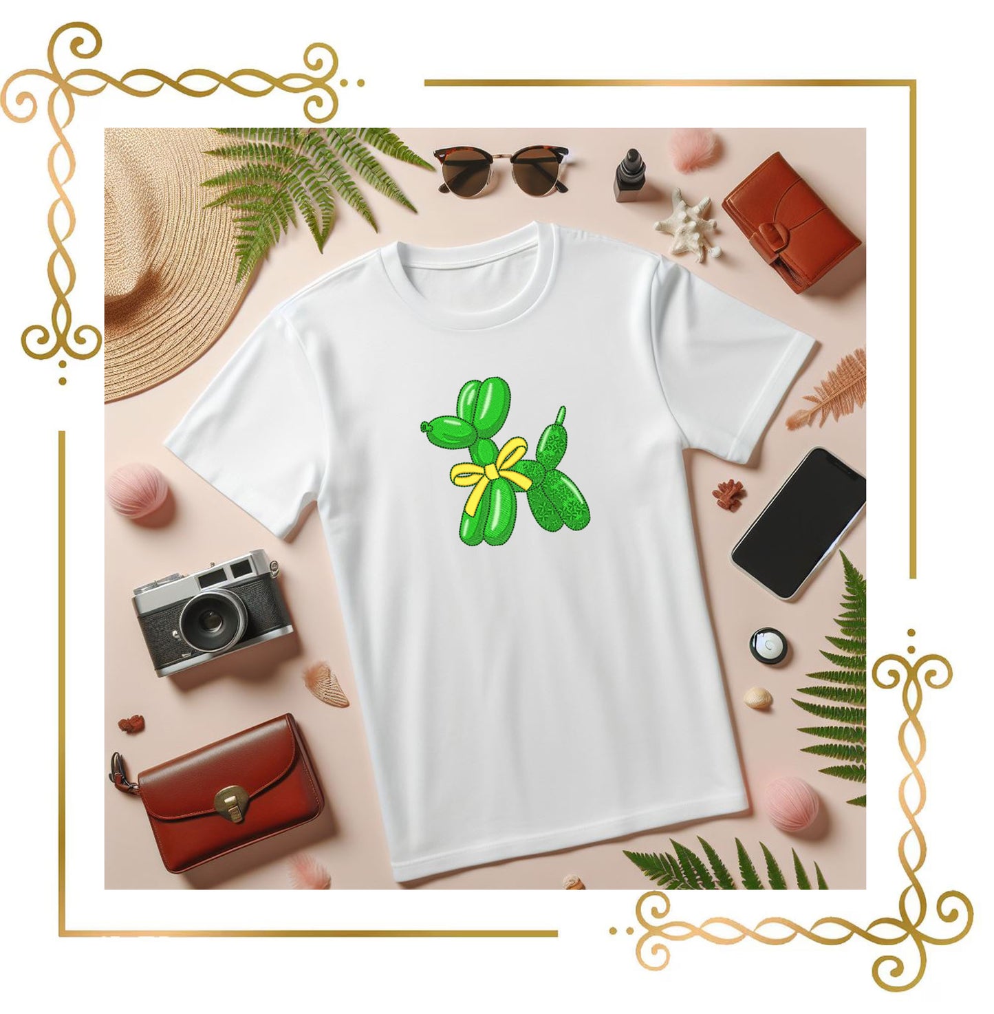 Green Balloon Dog with Yellow Bow, Lucky Charm–Embroidery Design – Lucky Charm Style, Perfect for St. Patrick’s Day