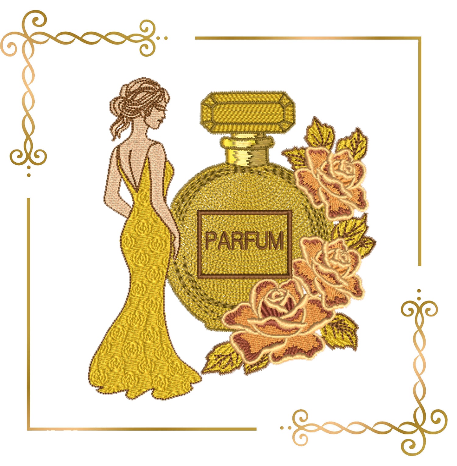 Mother's day, MOM, Parisian Perfume bottle with roses - Golden Elegance Perfume – Embroidery Design