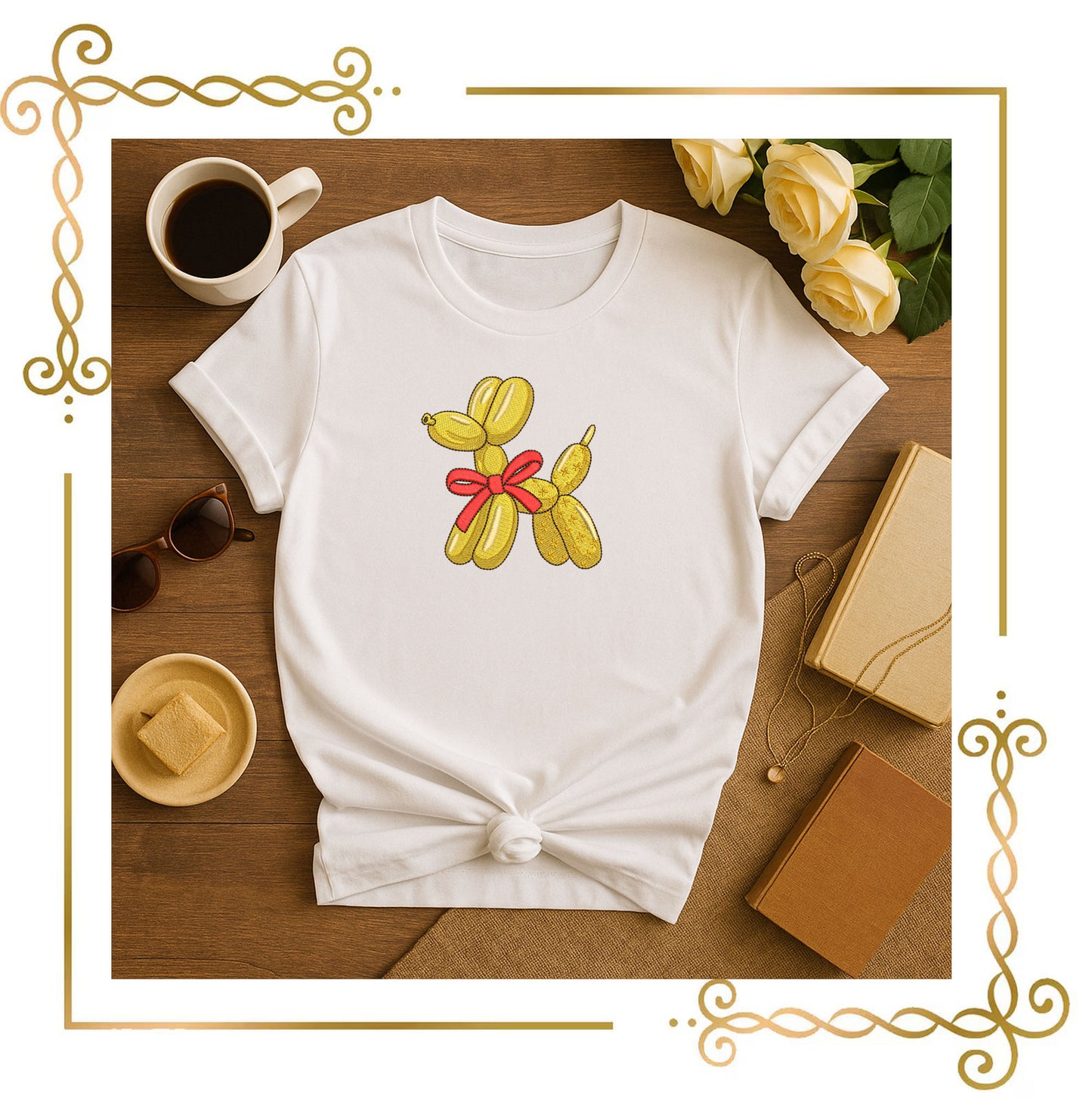 Golden Balloon Dog with Red Bow, Luxe Stitch Art - Embroidery Design