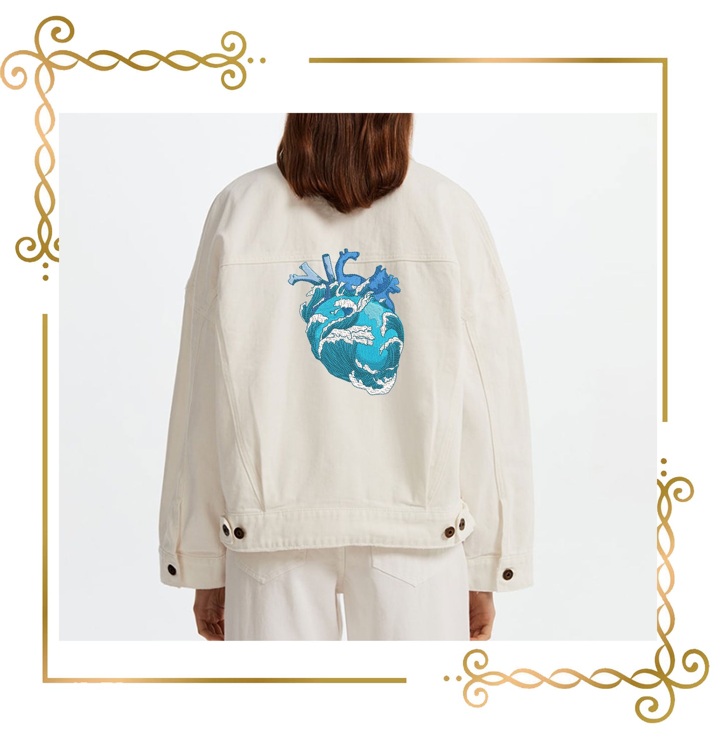 For T-shirt Anatomical heart and ocean waves – Machine Embroidery Design 2 Sizes
