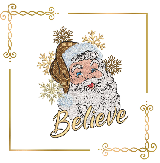 Winter super trendy Santa Claus Believe Christmas lettering Believe embroidery design