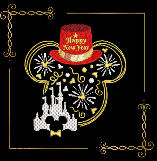 Weihnachten, Mickey Maus Kopf, Silvester, Feuerwerk, Schloss, Stickmuster zum direkten Download