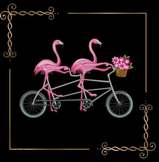 Cartoon Characters pink flamingos couple on a bicycle embroidery design to the direct download