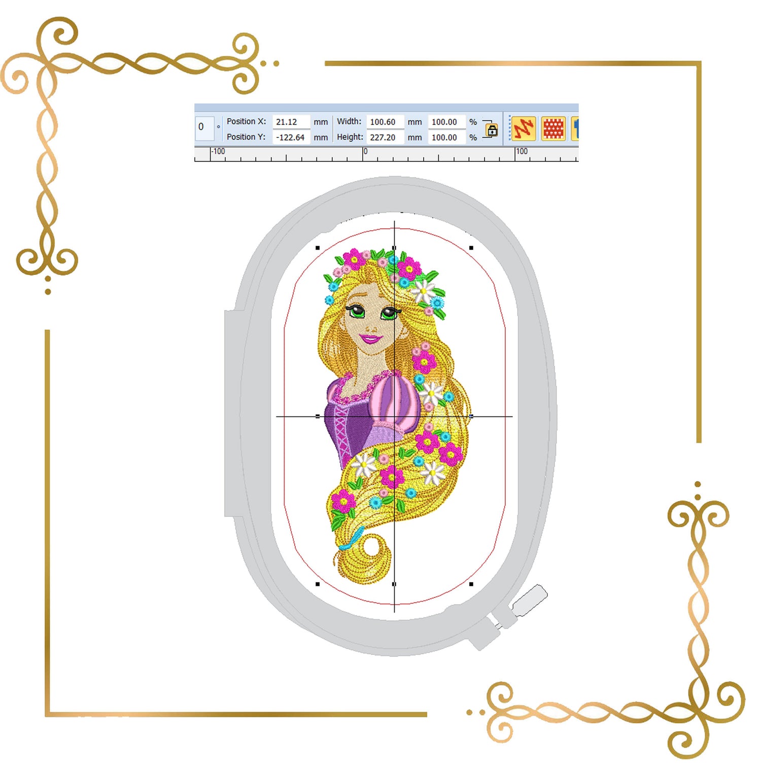 Princess Rapunzel Disney carton character Elegant with Floral - Rapunzel Embroidery Design