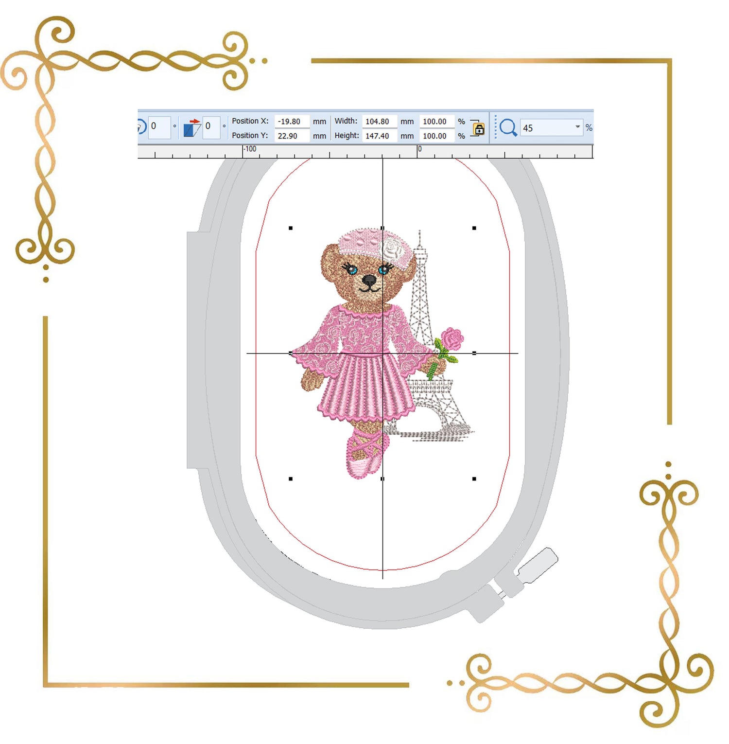 Embroidery Design – Paris Ballerina Bear with Rose | BearKarfiol™ Vintage Teddy | Eiffel Tower Machine Embroidery File