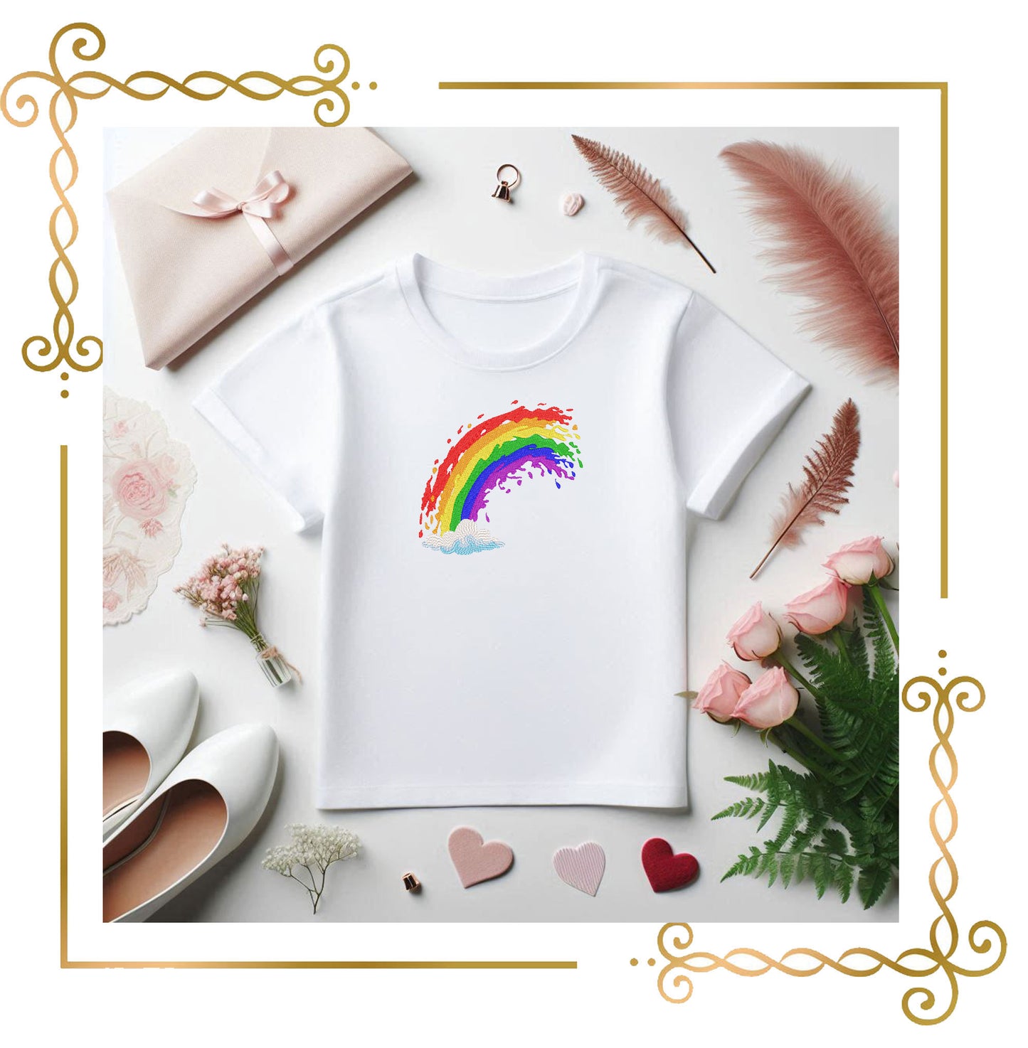 T-shirt Rainbow Splash Embroidery Design – Modern Colorful Rainbow with Cloud – Instant Download