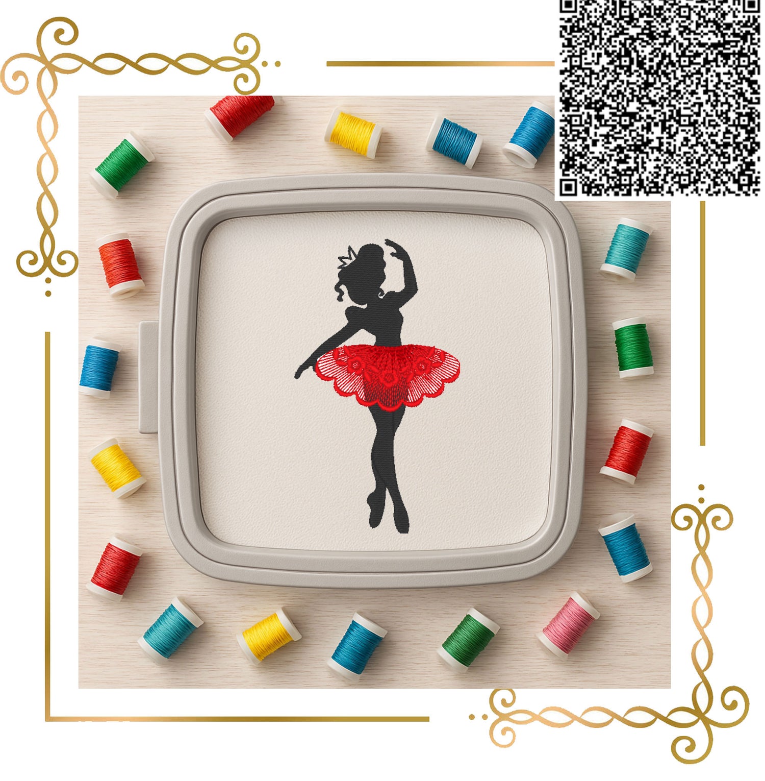 Ballerina Embroidery Design – Elegant Ballet Girl with Lace Tutu – Machine Embroidery File