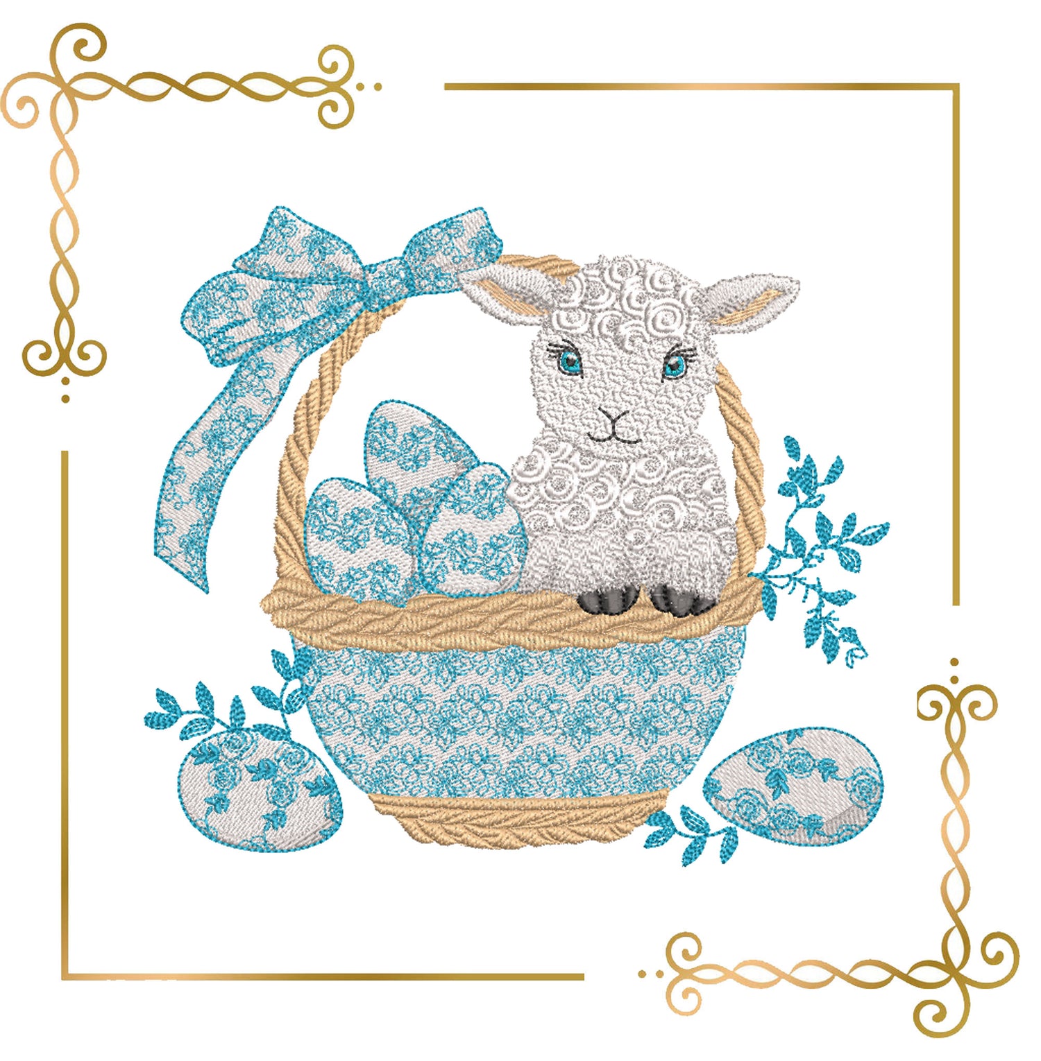 Charming Easter lamb sitting in a woven basket embroidery design to the direct download 2 Sizes