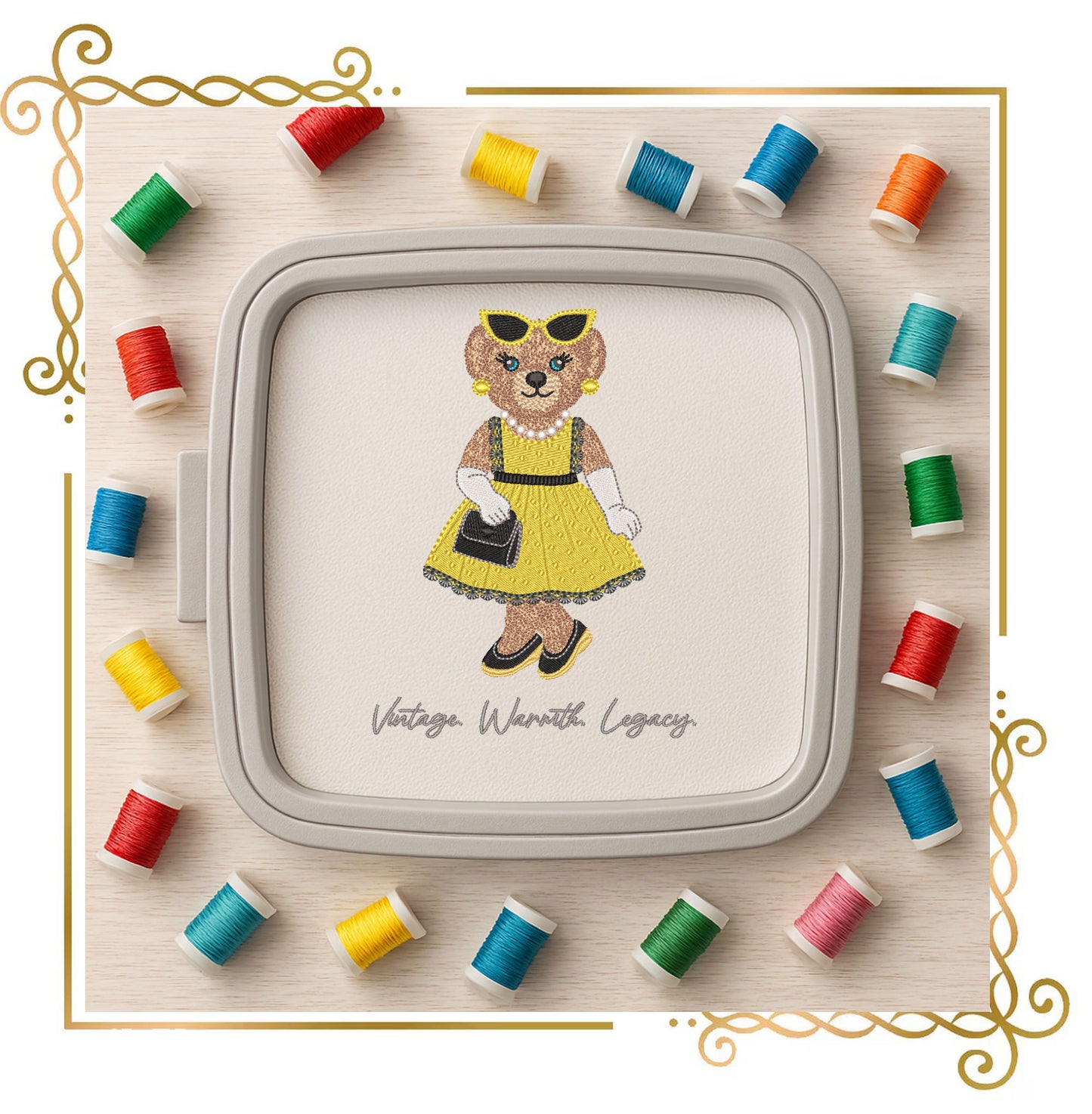 Teddy Bear - Embroidery Design – Girl in Gold Dress with Pearls – Vintage Elegant Machine – Cute Retro Bear Pattern style of Ralph Lauren
