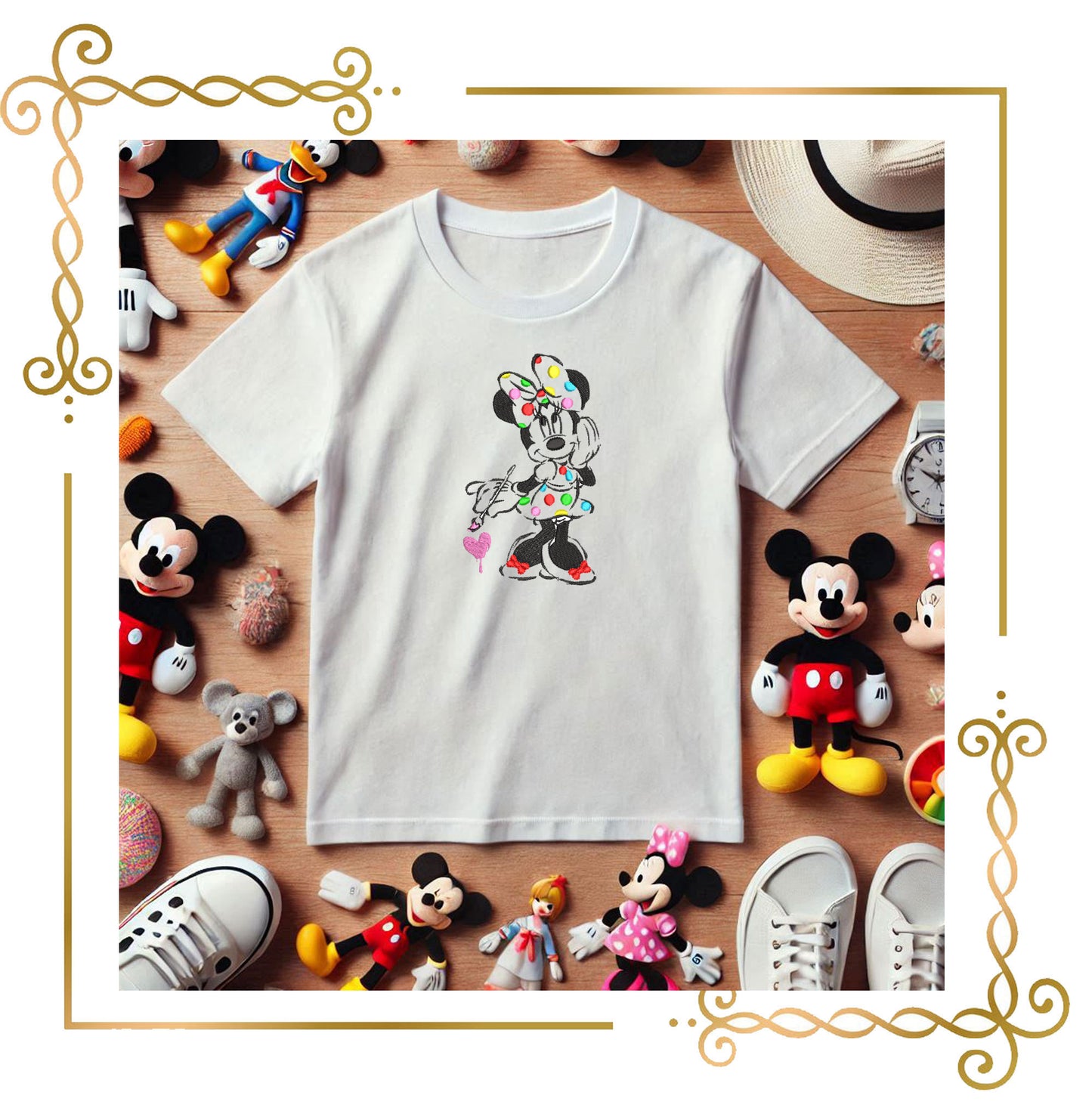 Minnie Mouse Painting Her Dress, Cartoon Mouse Artist Machine Embroidery File 3 Sizes