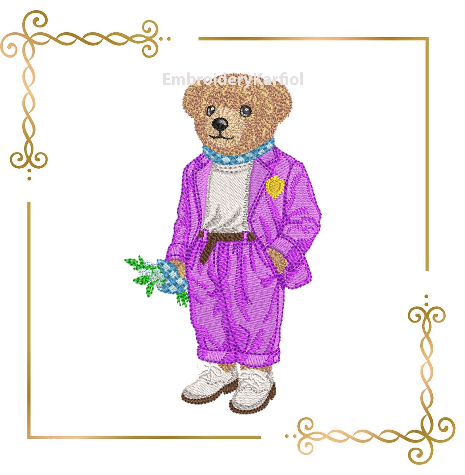 Teddy Bear Charming machine embroidery design in a suit holding a bunch of flowers 3 Sizes