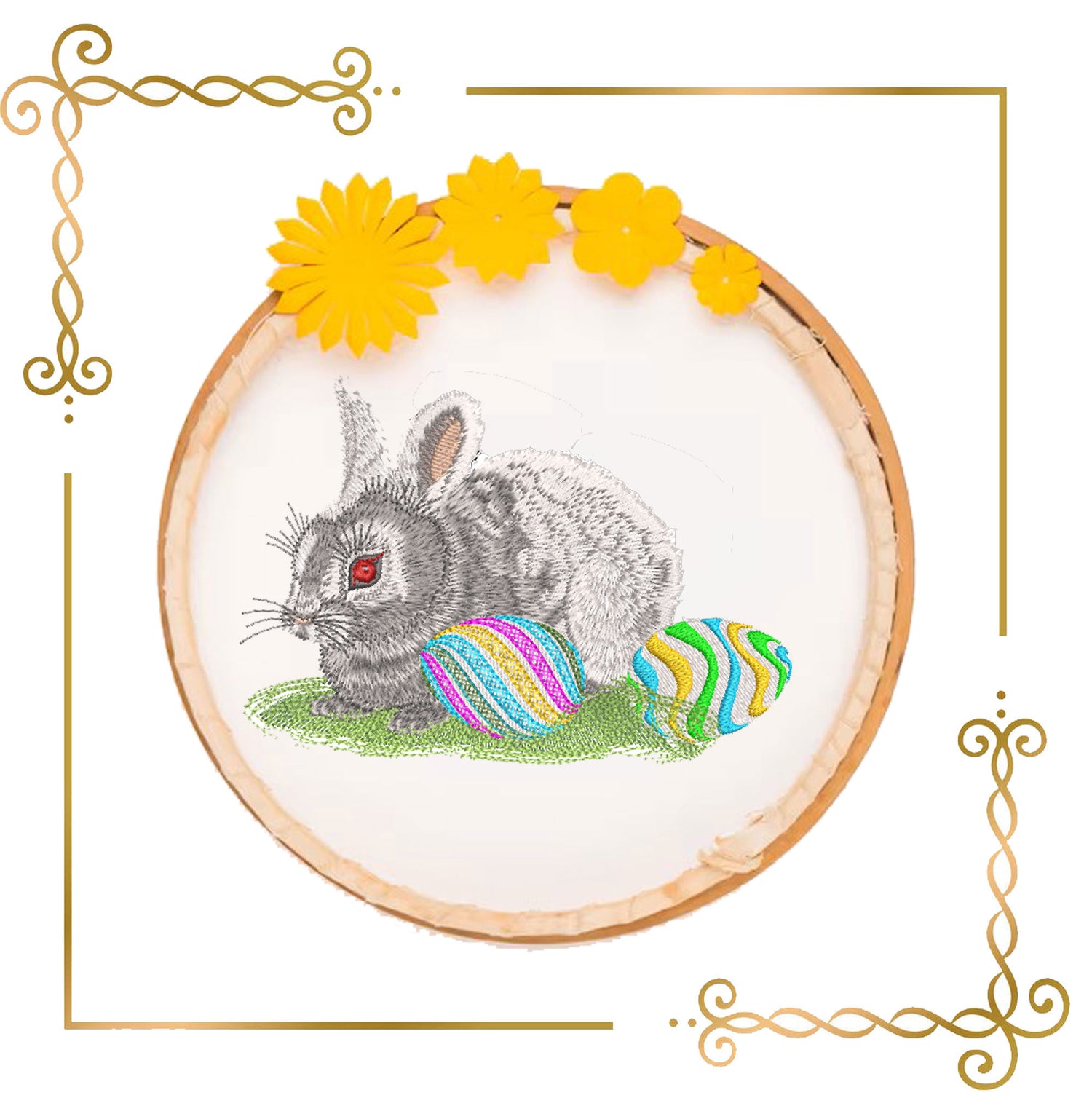 Realistic Easter Bunny with Colorful Eggs, rabbit digital Machine Embroidery designs