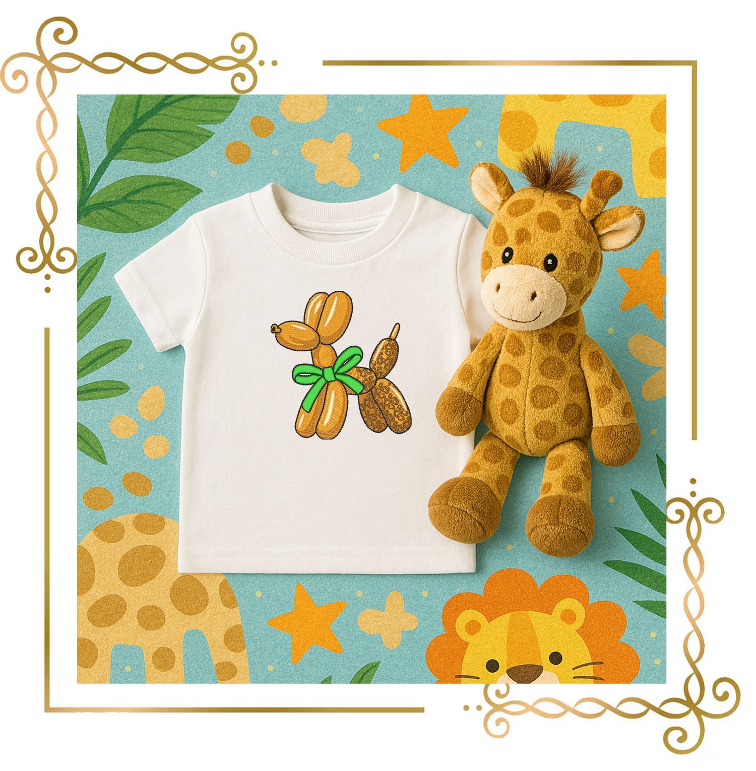 Safari Balloon Dog with Leopard Texture & Green Bow- Embroidery Design