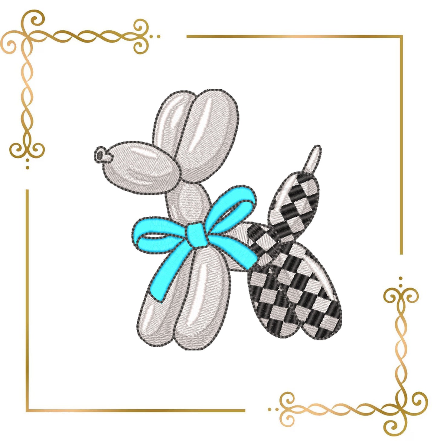 Balloon Dog with Checker Pattern and Bow Machine Embroidery Design