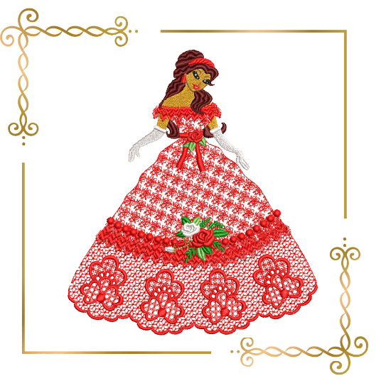 Princess Belle in a lace dress with roses 2 Sizes embroidery design to the direct download.
