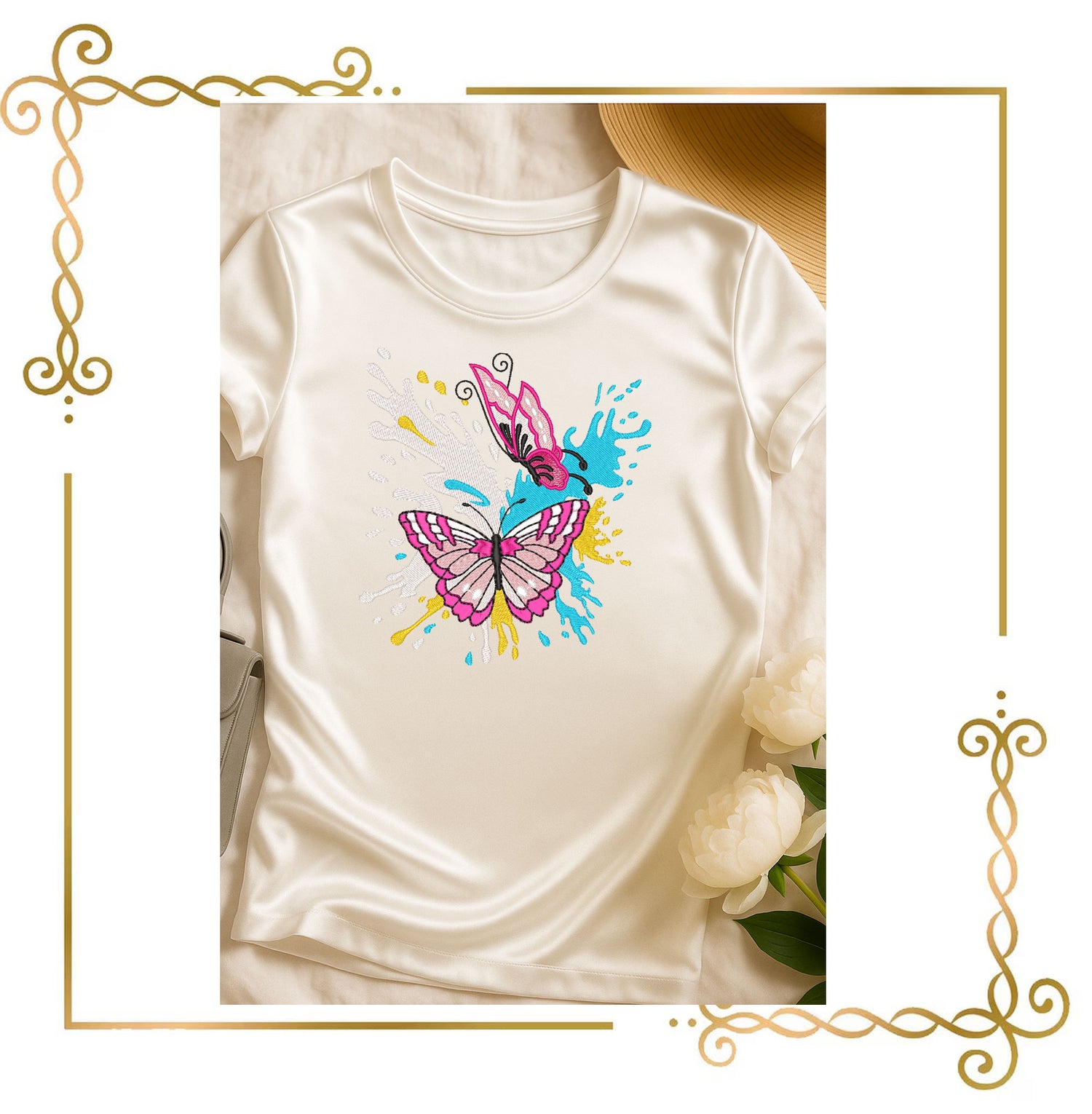 Magnificent Butterflies on Colorful Paint Splashes – Embroidery Design Instant Download