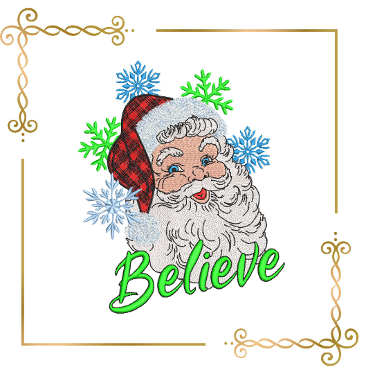 Winter super trendy Santa Claus Believe Christmas lettering Believe embroidery design