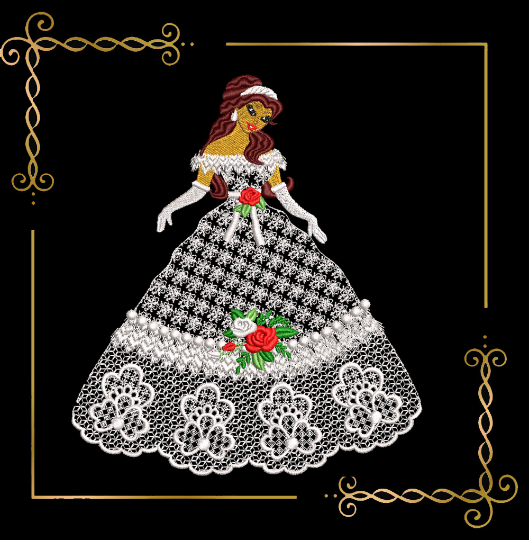 Princess Belle in a lace dress with roses 2 Sizes embroidery design to the direct download.