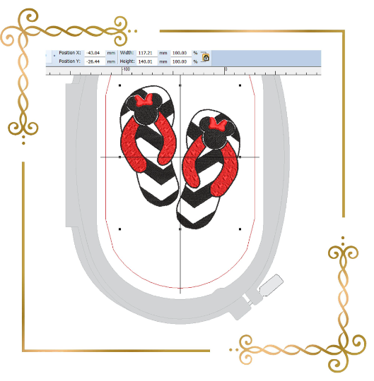 Minnie Mouse summer flip flops digital machine embroidery design